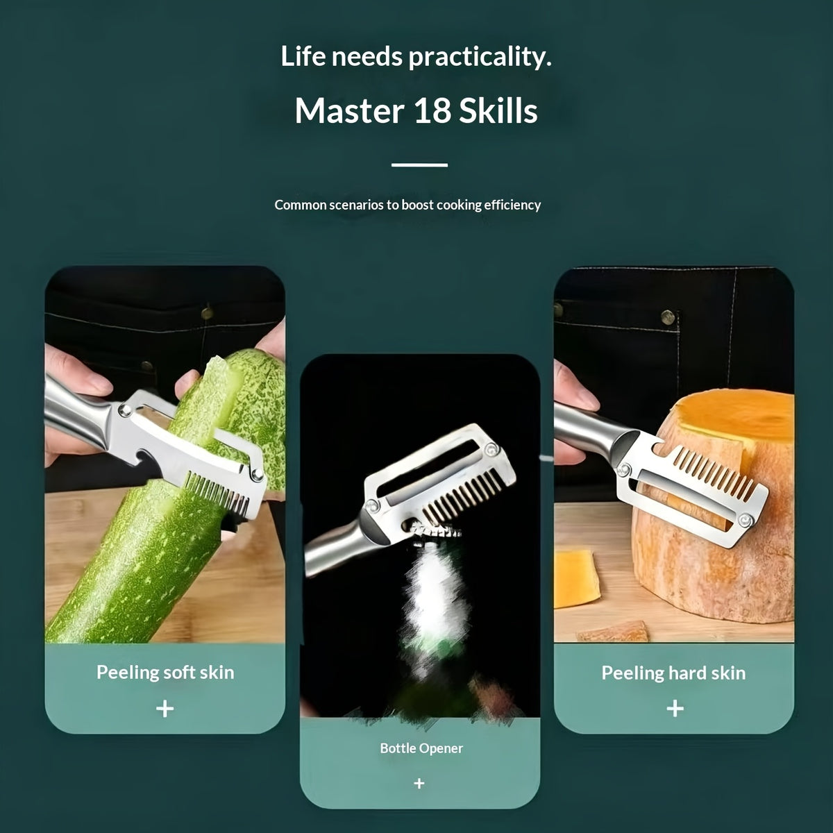 Éplucheur en acier, trois fonctions en un, visuel produit