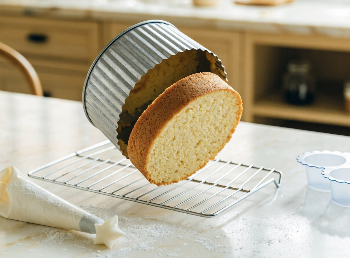 Génoise démoulée d'un moule à manqué cannelé sur une grille de refroidissement Image